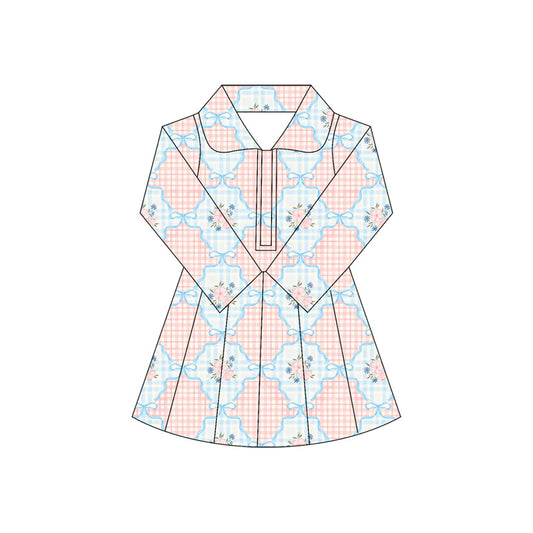 Baby Girls Long Sleeves Pink Flowers Plaid Zipper Knee Length Dresses Preorder