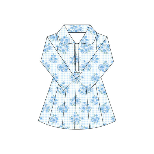 Baby Girls Long Sleeves Blue Flowers Plaid Zipper Knee Length Dresses Preorder