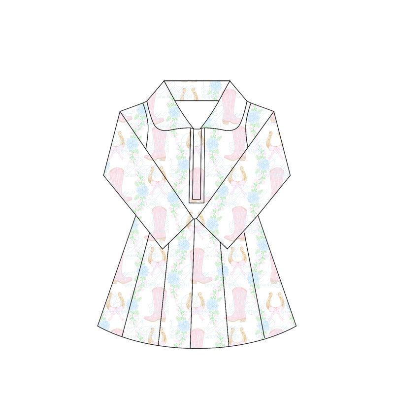 Baby Girls Long Sleeves Pink Boots Flowers Zipper Knee Length Dresses Preorder