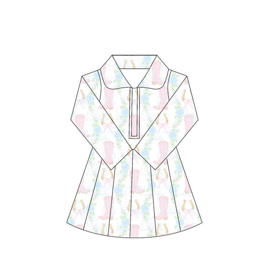 Baby Girls Long Sleeves Pink Boots Flowers Zipper Knee Length Dresses Preorder