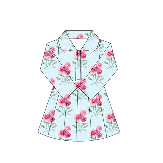 Baby Girls Long Sleeves Pink Flowers Zipper Knee Length Dresses Preorder