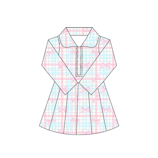 Baby Girls Long Sleeves Pink Bows Plaid Zipper Knee Length Dresses Preorder