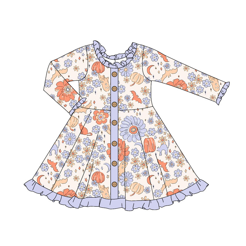Baby Girls Long Ruffle Sleeves Daisy Flowers Pumpkins Button Knee Length Dresses Preorder