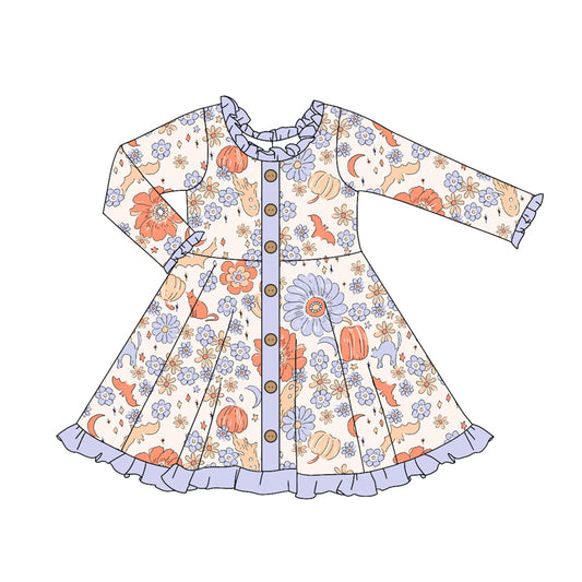 Baby Girls Long Ruffle Sleeves Daisy Flowers Pumpkins Button Knee Length Dresses Preorder