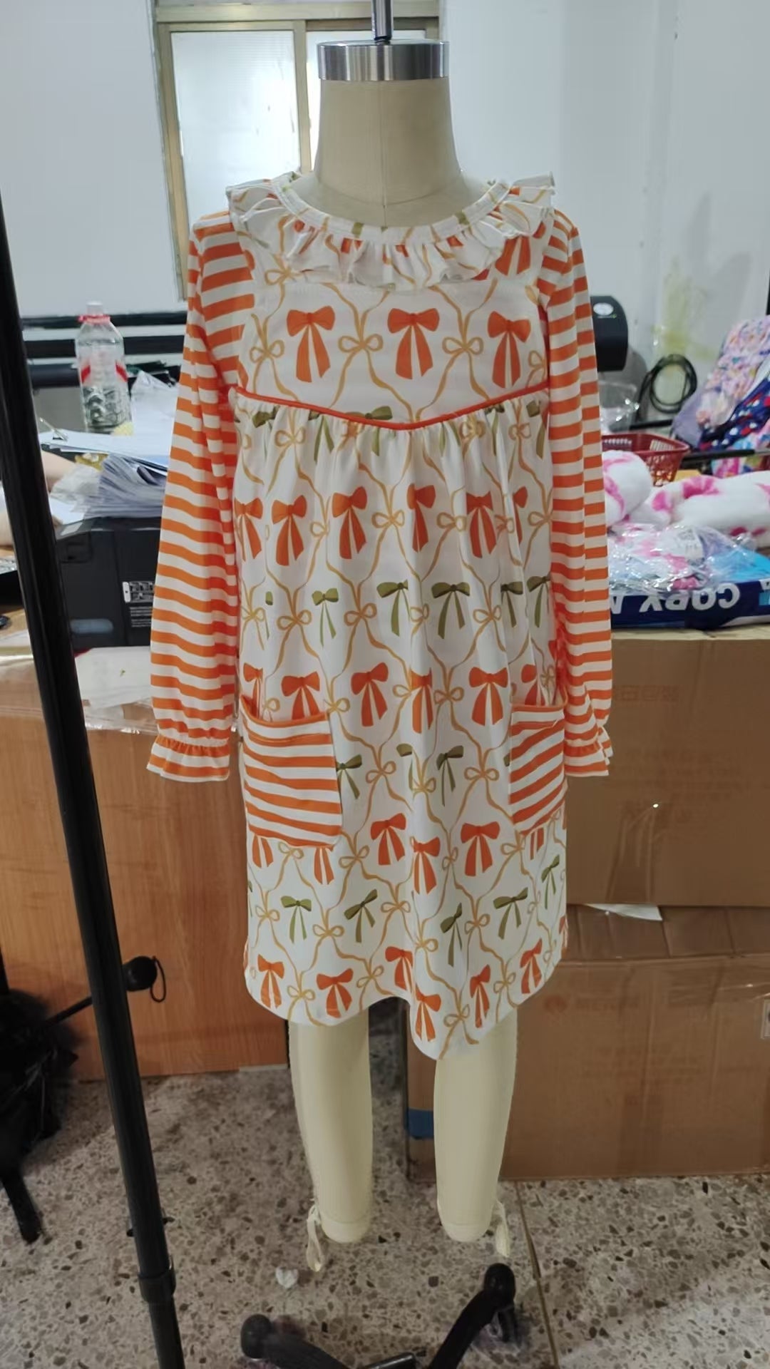 Baby Girls Stripe Bows Top Pockets Knee Length Dresses 2pcs Clothes Sets