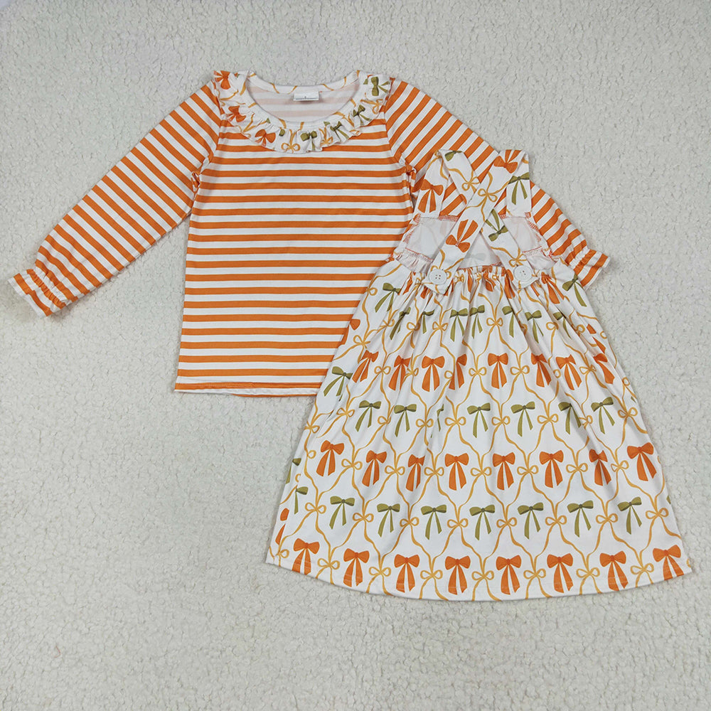 Baby Girls Stripe Bows Top Pockets Knee Length Dresses 2pcs Clothes Sets