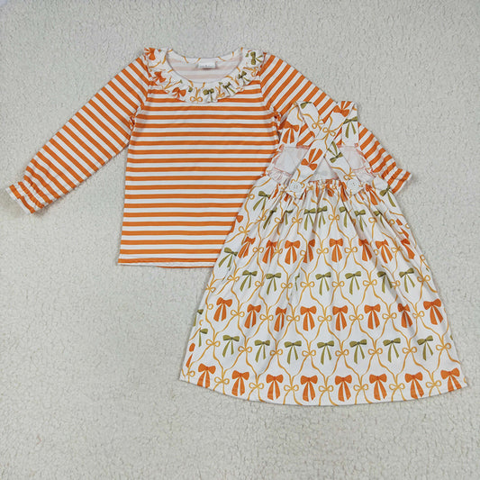 Baby Girls Stripe Bows Top Pockets Knee Length Dresses 2pcs Clothes Sets
