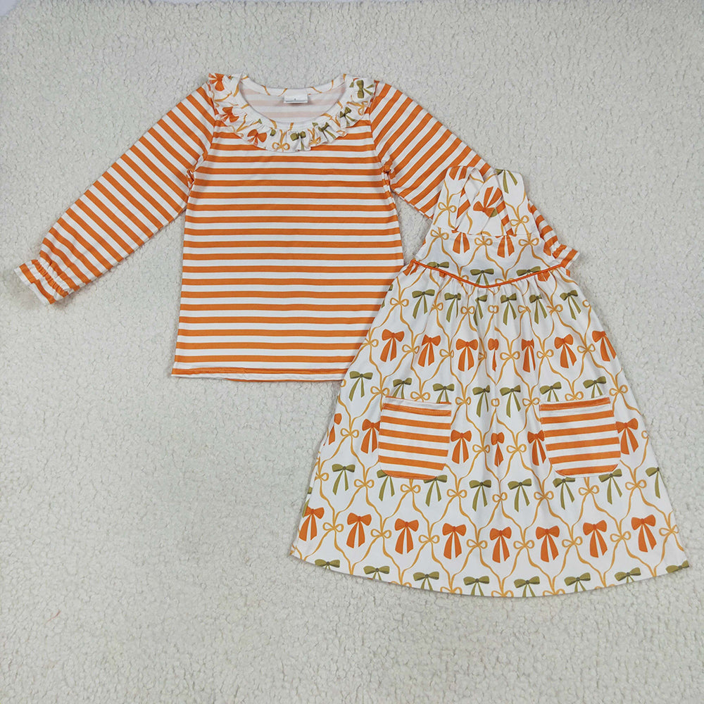 Baby Girls Stripe Bows Top Pockets Knee Length Dresses 2pcs Clothes Sets