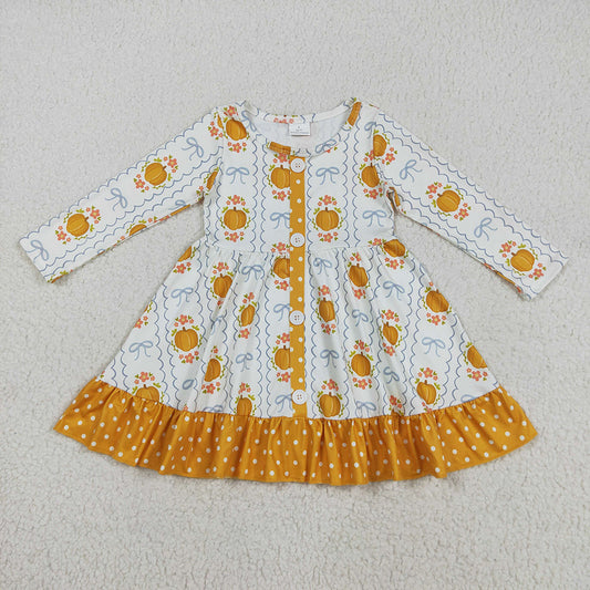 Baby Girls Long Sleeves Pumpkins Bows Plaid Button Ruffle Knee Length Dresses