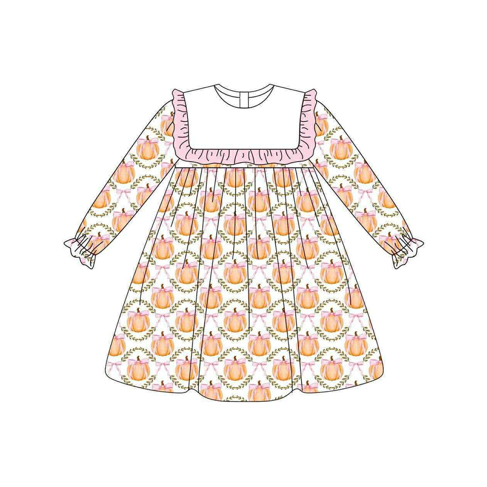 Preorder moq 5 Baby Girls Long Ruffle Sleeves Pumpkins Bows Plaid Knee Length Dresses