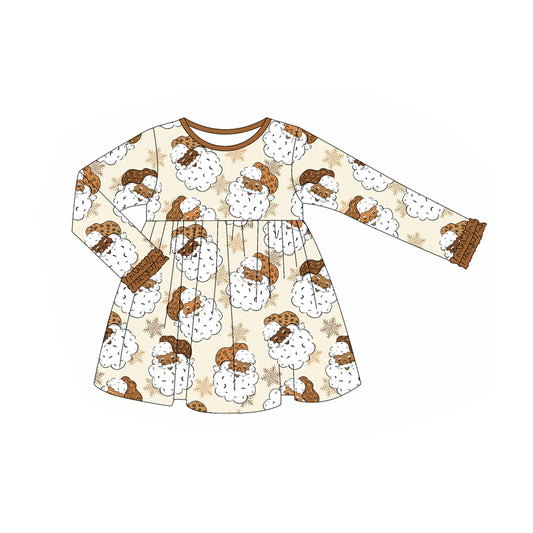 Baby Girls Long Ruffle Sleeves Khaki Santa Snowflake Knee Length Dress Preorder