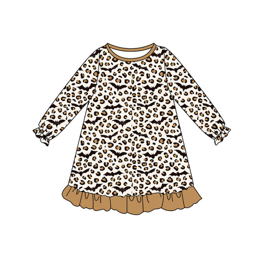 Baby Girls Long Ruffle Sleeves Leopard Bats Knee Length Dresses Preorder