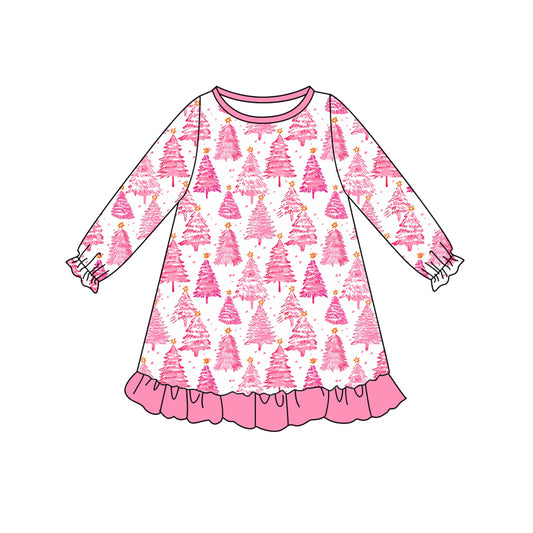 Baby Girls Long Ruffle Sleeves Pink Trees Plaid Knee Length Dresses Preorder