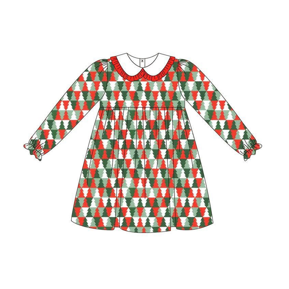 Baby Girls Long Ruffle Sleeves Red Green Trees Plaid Knee Length Dresses Preorder