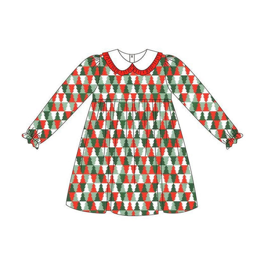 Baby Girls Long Ruffle Sleeves Red Green Trees Plaid Knee Length Dresses Preorder