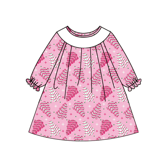 Baby Girls Hot Pink Long Ruffle Sleeves Stripe Trees Plaid Knee Length Dresses Preorder