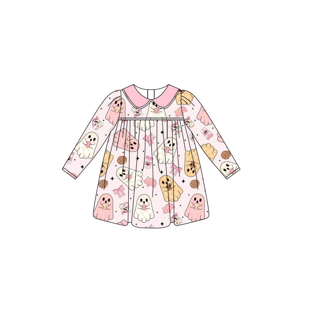 Baby Girls Pink Long Sleeves Bows Ghosts Knee Length Dresses
