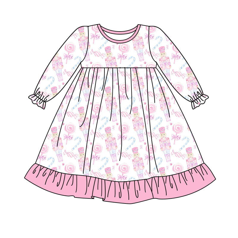 Baby Girls Long Sleeves Pink Soldiers Ruffle Knee Length Dresses