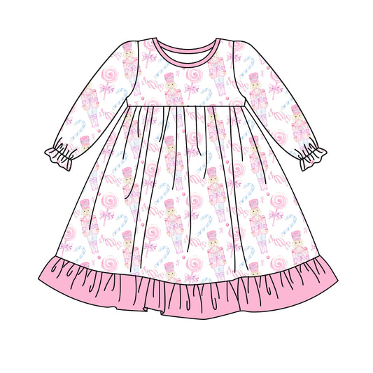 Baby Girls Long Sleeves Pink Soldiers Ruffle Knee Length Dresses