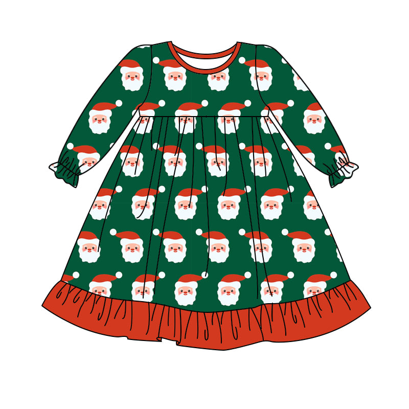 Baby Girls Green Long Sleeves Santa Plaid Ruffle Knee Length Dresses