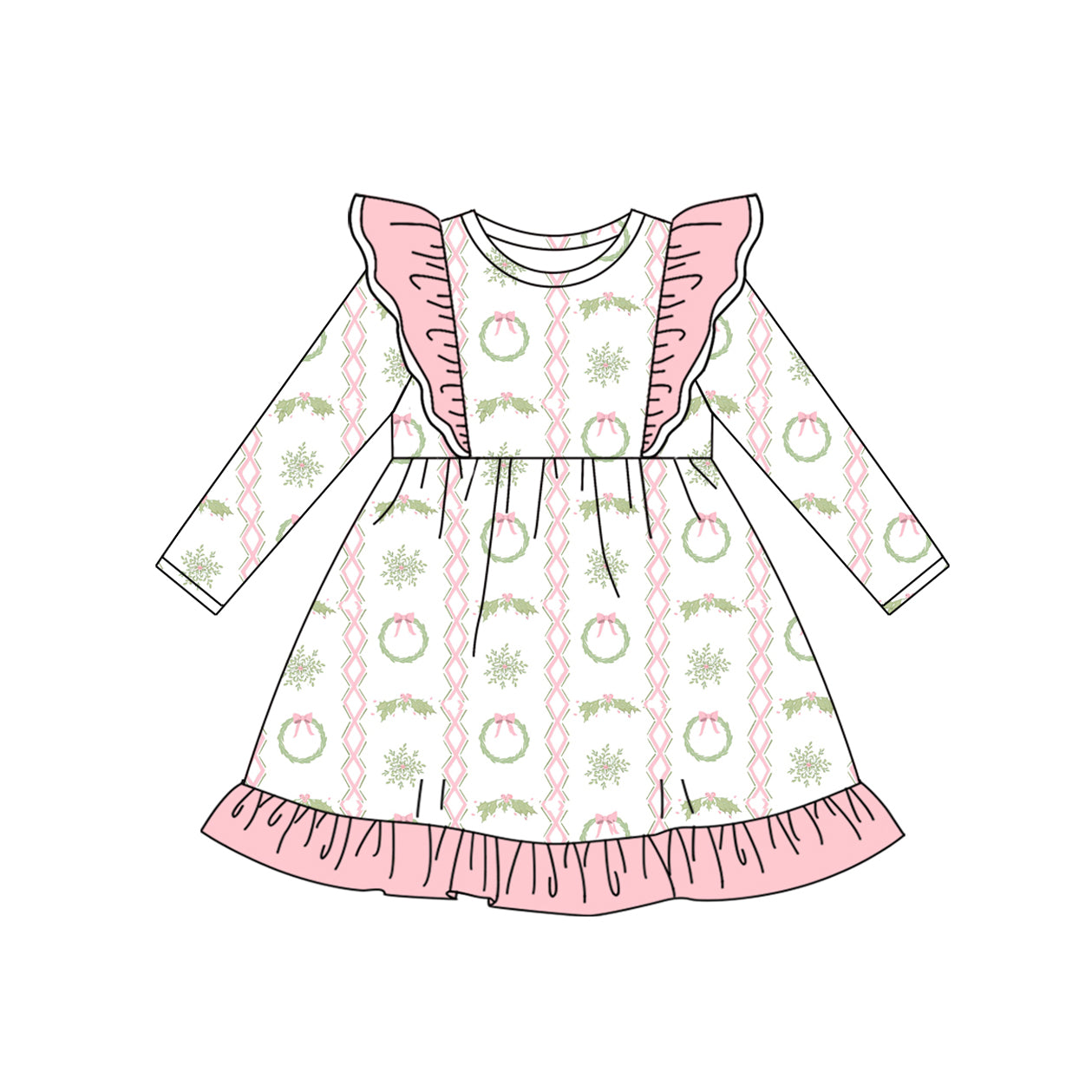 Baby Girls Long Sleeves Pink Bows Holly Ruffle Knee Length Dresses