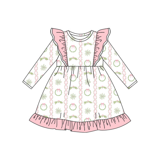 Baby Girls Long Sleeves Pink Bows Holly Ruffle Knee Length Dresses