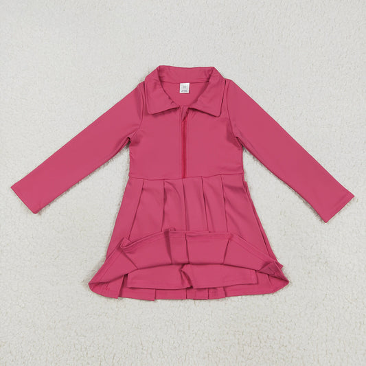 Baby Girls Hotpink Long Sleeves Zipper Yoga Pleated Knee Length Dresses