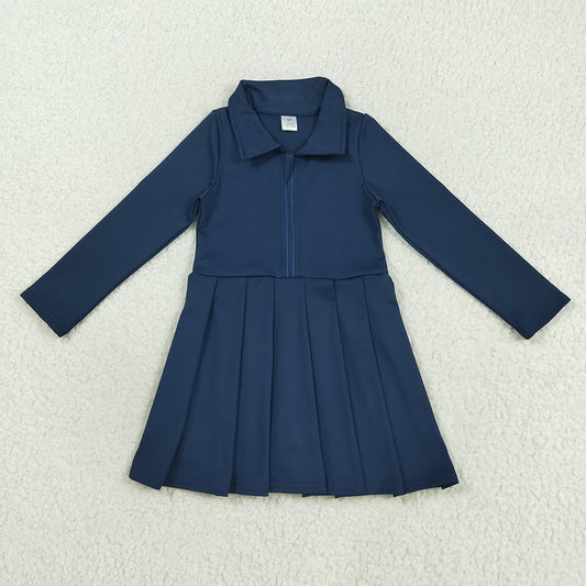 Baby Girls Navy Long Sleeves Zipper Yoga Knee Length Dresses