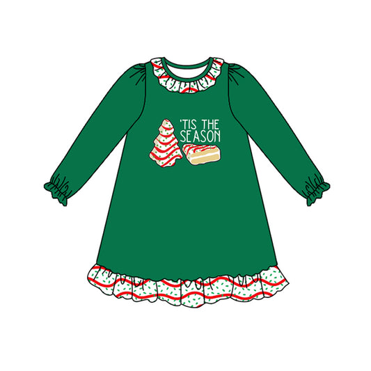 Baby Girls Green Long Ruffle Sleeves Red Stripe Trees Knee Length Dresses Preorder