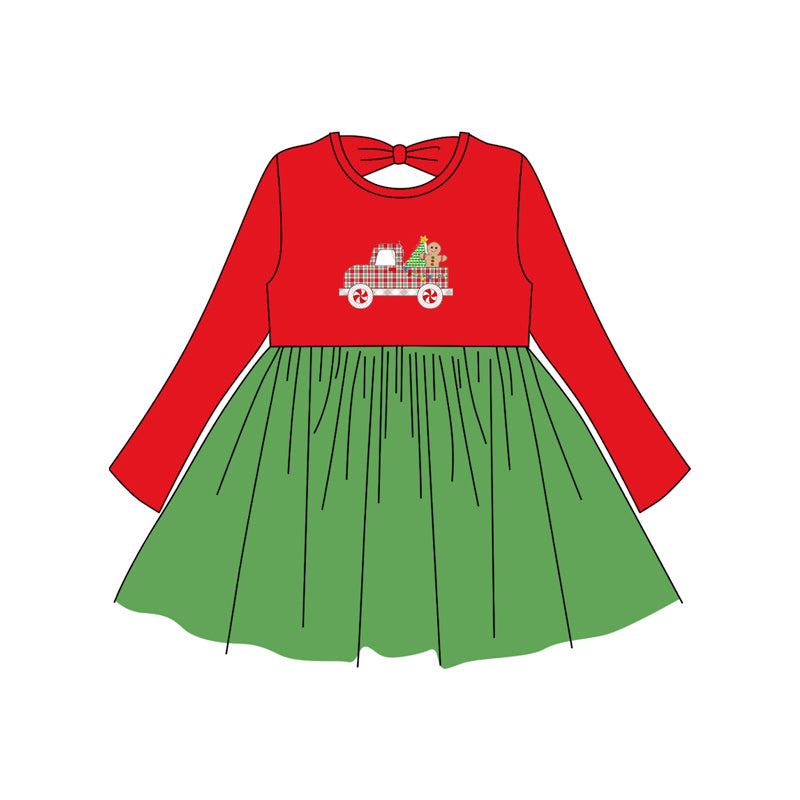 Baby Girls Red Long Sleeves Truck Trees Knee Length Dresses Preorder