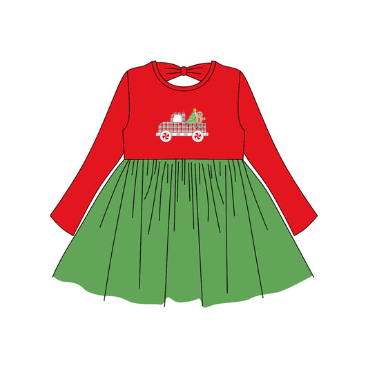 Baby Girls Red Long Sleeves Truck Trees Knee Length Dresses Preorder