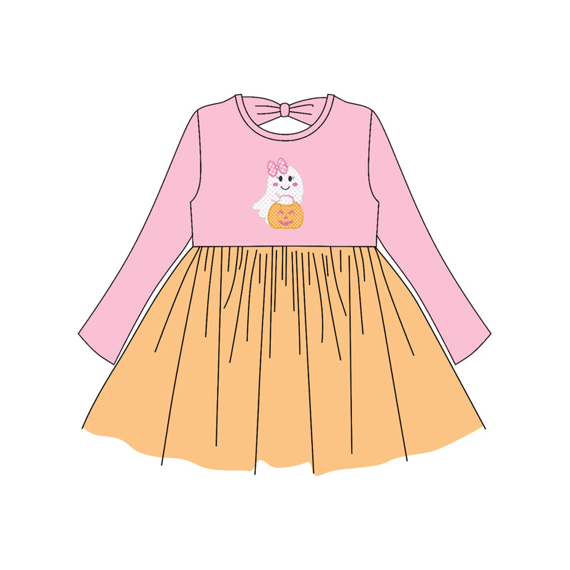 Baby Girls Pink Long Sleeves Ghost Pumpkins Knee Length Dresses Preorder