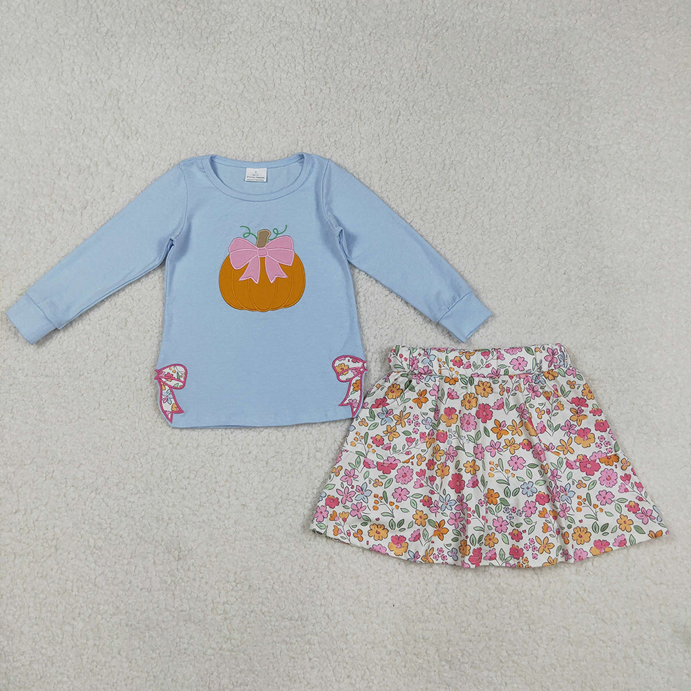 Embroidery Baby Girls Blue Long Sleeves Bows Pumpkin Top Flowers Skorts Sets
