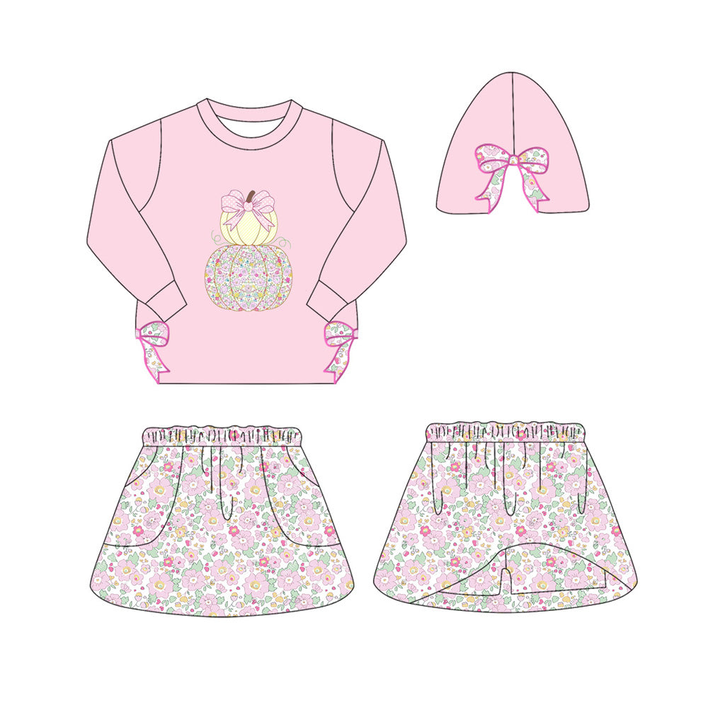 Preorder moq 5 Baby Girls Pink Bows Floral Pumpkins Top Skorts Fall Clothes Set