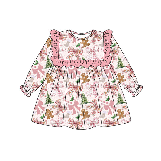 Baby Girls Blue Long Ruffle Sleeves Pink Gingerbread Bows Knee Length Dresses Preorder
