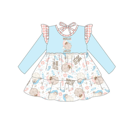Baby Girls Blue Long Sleeves Holly Santa Plaid Knee Length Dresses Preorder