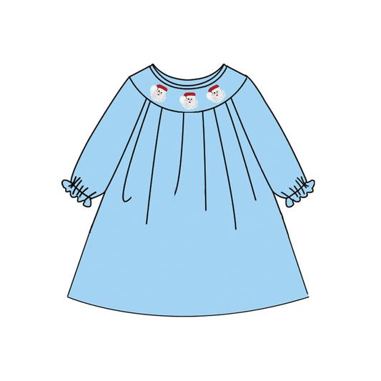 Baby Girls Blue Long Ruffle Sleeves Smocked Santa Knee Length Dresses Preorder