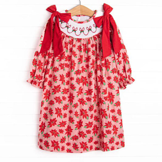 Baby Girls Red Long Ruffle Sleeves Bows Holly Plaid Knee Length Dresses Preorder