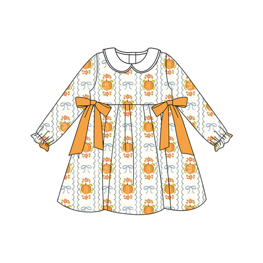Baby Girls Long Ruffle Sleeves Pumpkin Bows Plaid Knee Length Dresses Preorder
