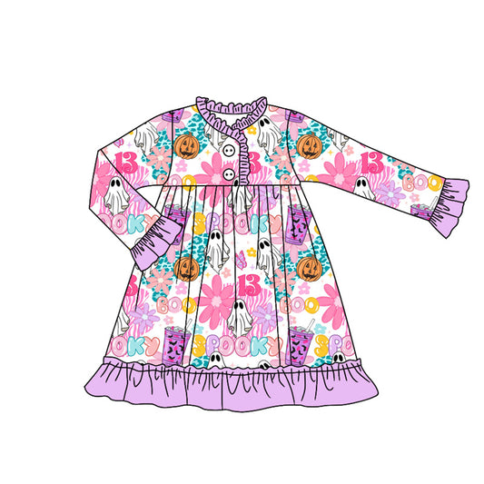 Baby Girls Long Ruffle Sleeves Flowers Ghosts Button Knee Length Dresses Preorder
