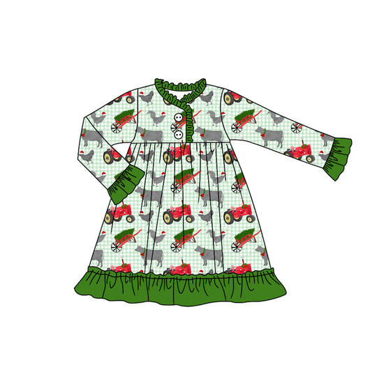 Baby Girls Green Plaid Christmas Hats Farm Button Knee Length Dresses Preorder