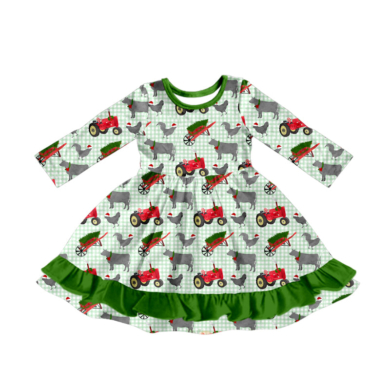 Baby Girls Green Plaid Christmas Hats Farm Ruffle Knee Length Dresses Preorder