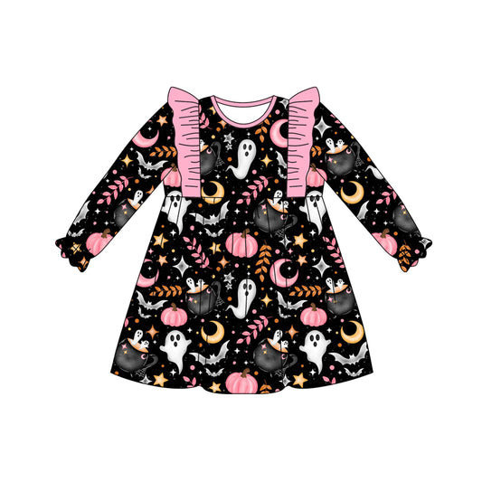 Baby Girls Black Long Ruffle Sleeves Ghosts Pumpkins Knee Length Dresses Preorder