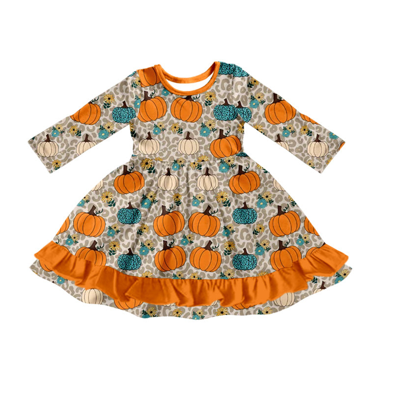 Baby Girls Long Sleeves Leopard Pumpkins Flowers Ruffle Knee Length Dresses Preorder