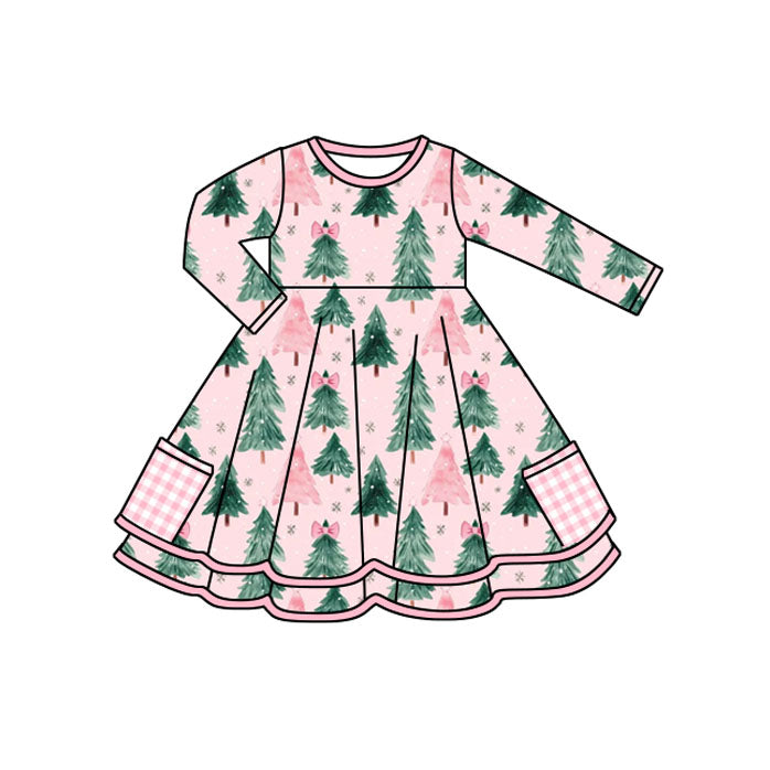 Preorder moq 5 Baby Girls Pink Pockets Trees Ruffle Christmas Knee Length Dresses
