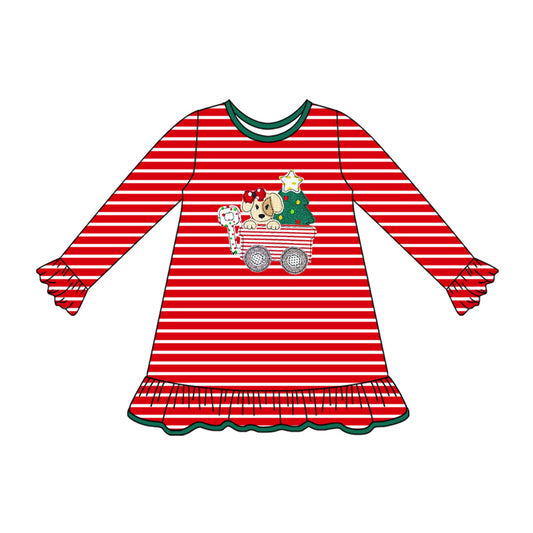 Baby Girls Long Ruffle Sleeves Christmas Trees Trucks Knee Length Dresses Preorder