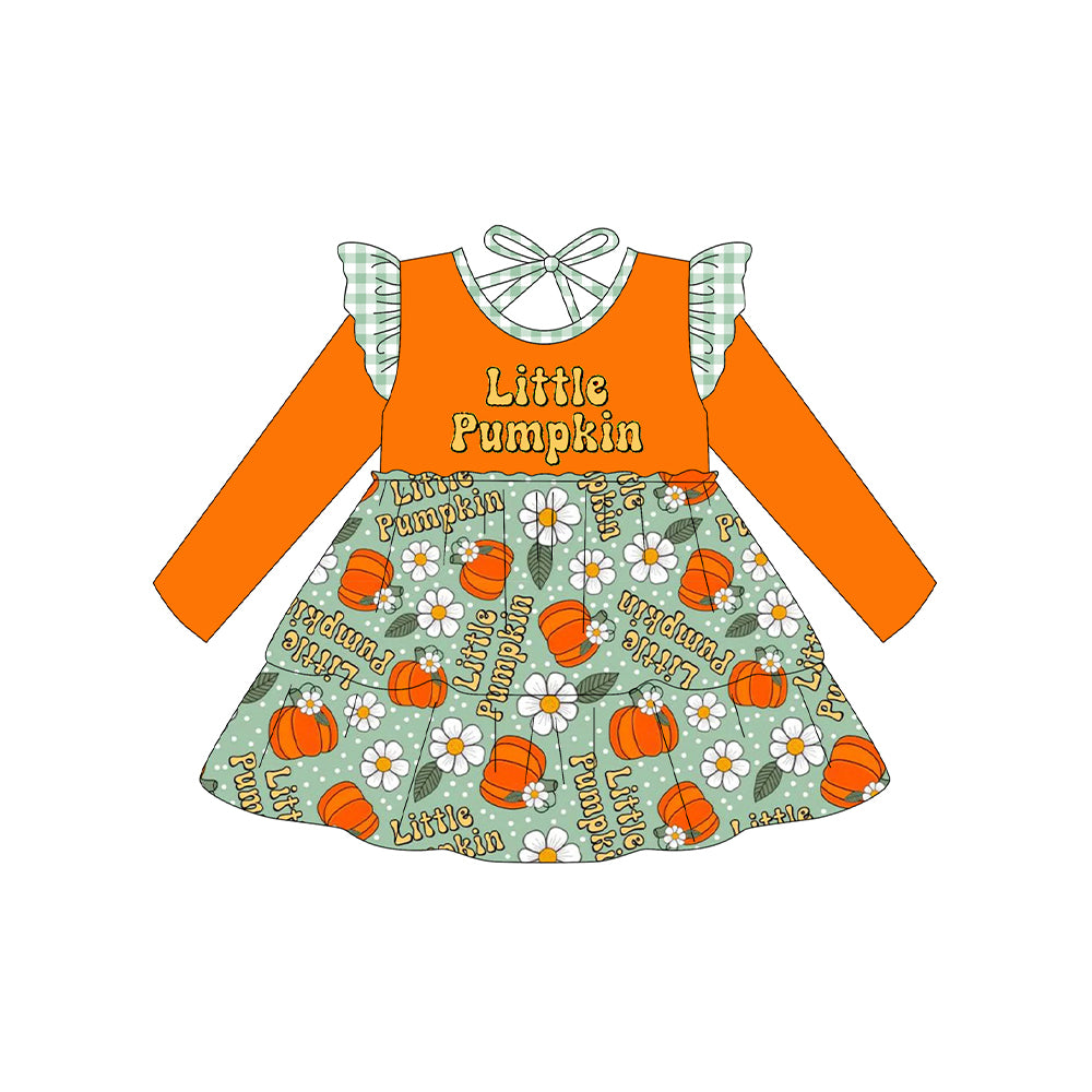 Baby Girls Long Sleeves Little Pumpkins Flowers Plaid Knee Length Dress Preorder