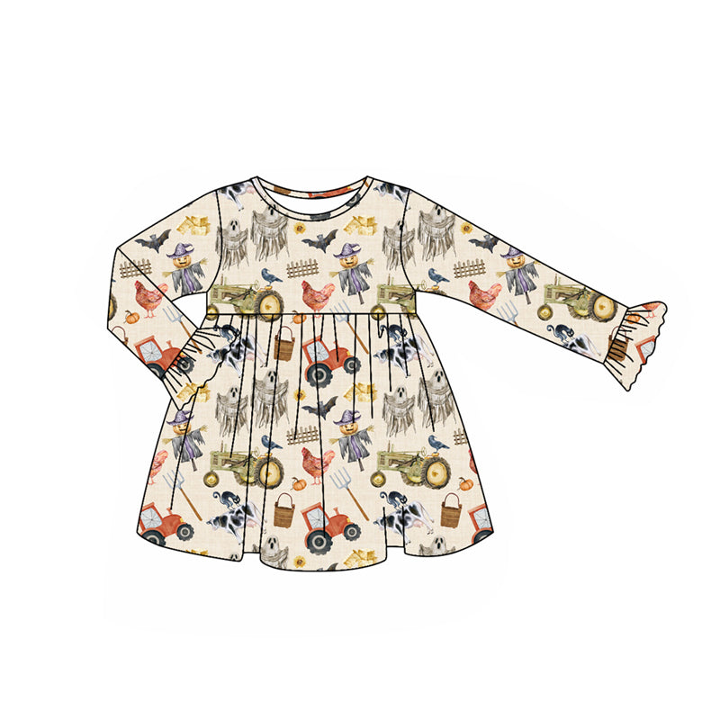 Baby Girls Long Ruffle Sleeves Trucks Chicks Farm Knee Length Dresses