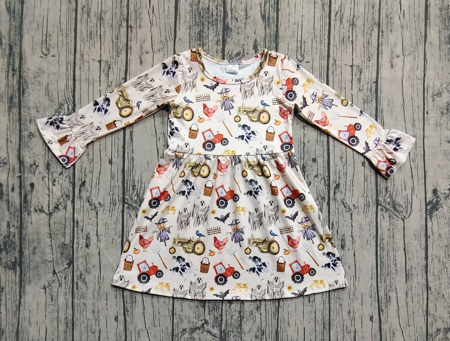 Baby Girls Long Ruffle Sleeves Trucks Chicks Farm Knee Length Dresses