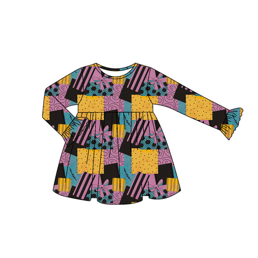 Baby Girls Long Ruffle Sleeves Purple Bows Plaid Knee Length Dresses Preorder